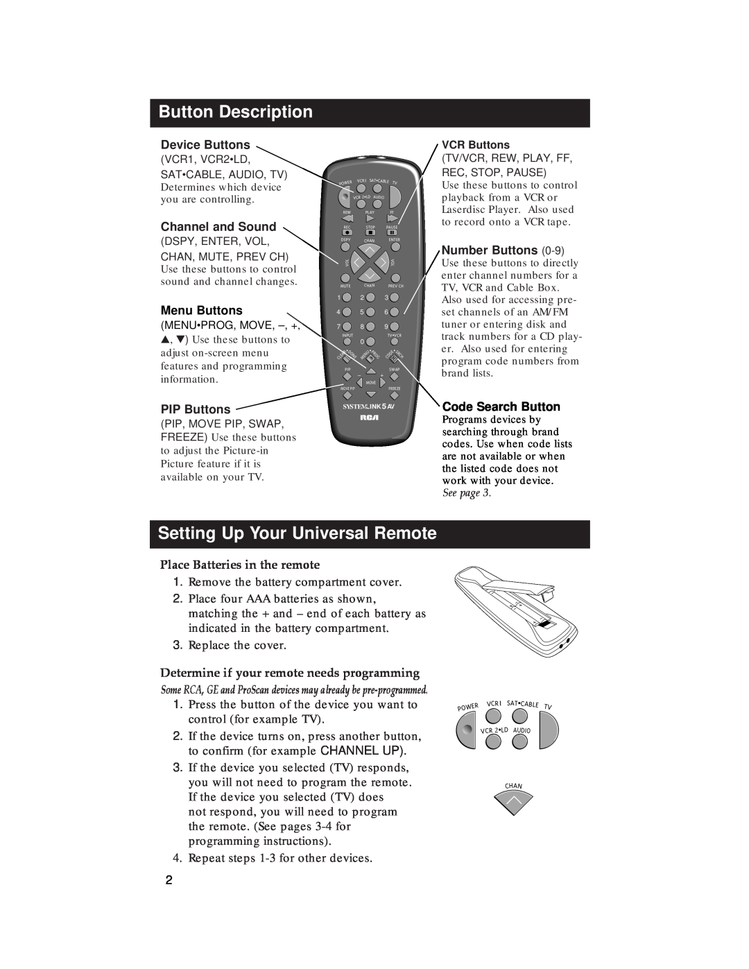 RCA RCU500 warranty Button Description, Setting Up Your Universal Remote, Device Buttons, Channel and Sound, Menu Buttons 
