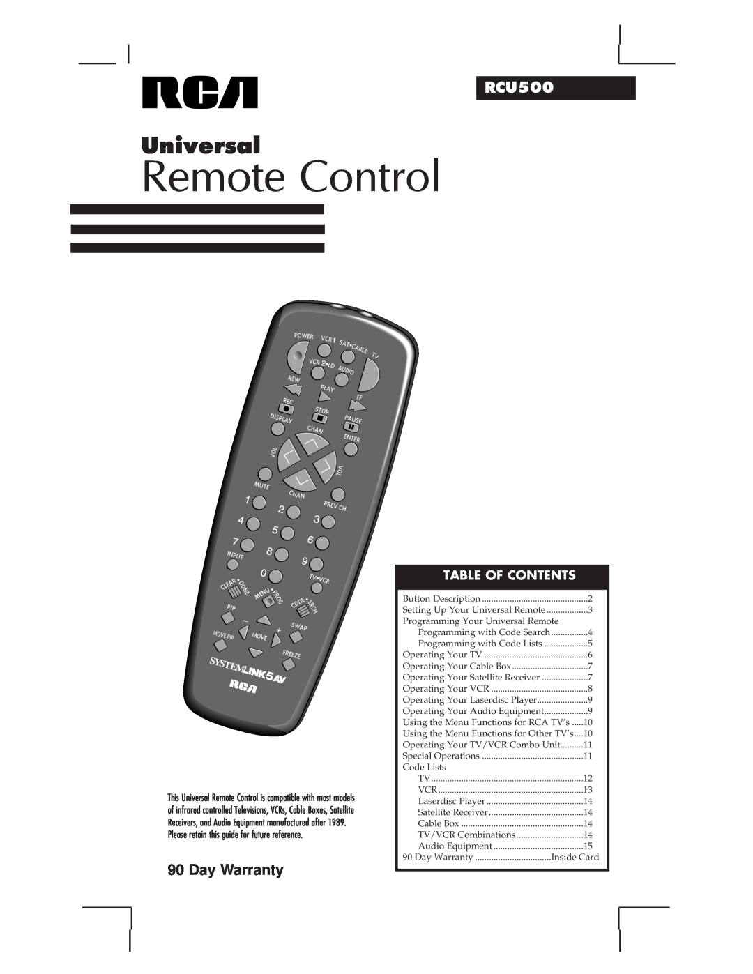 RCA RCU500 warranty Table Of Contents, Remote Control, Universal, Day Warranty 