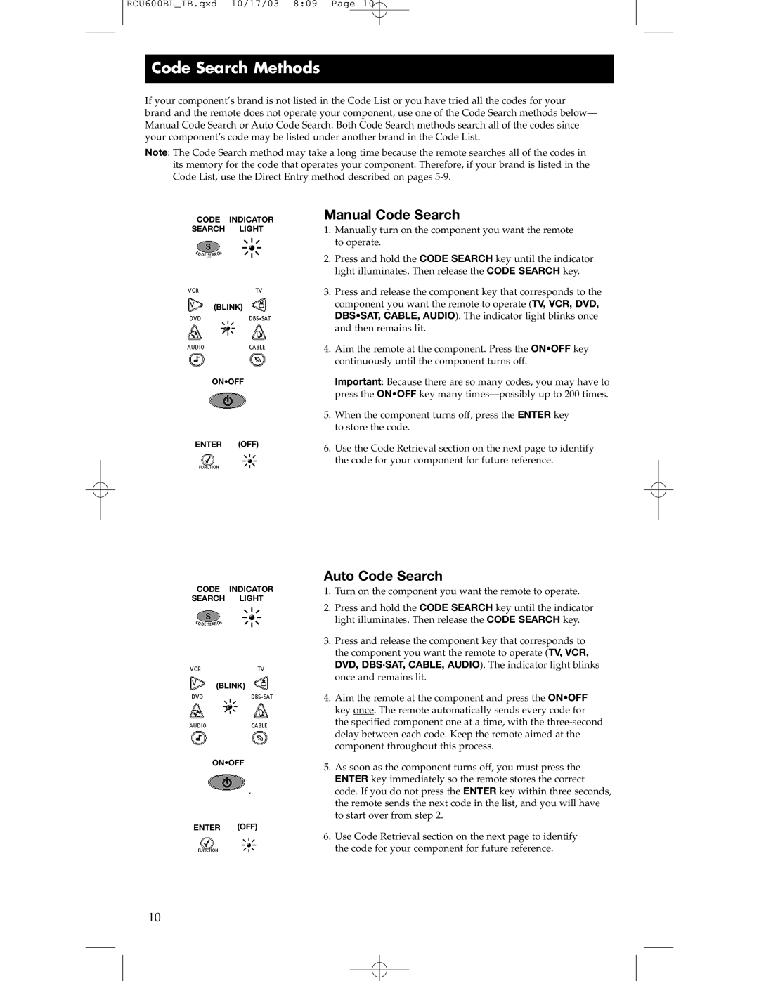 RCA RCU600BL manual Code Search Methods, Manual Code Search, Auto Code Search 