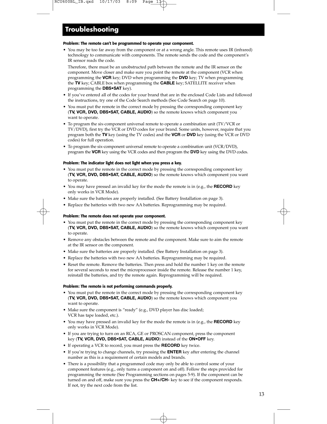 RCA RCU600BL manual Troubleshooting 