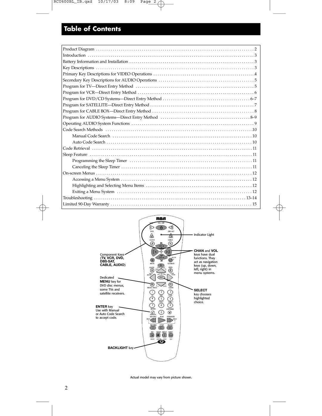 RCA RCU600BL manual Table of Contents 