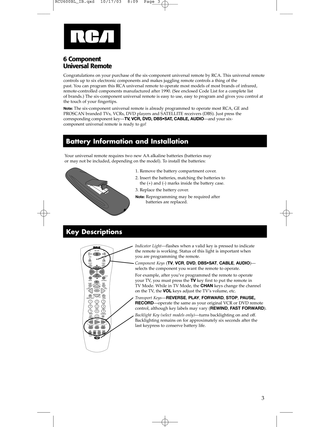 RCA RCU600BL manual Battery Information and Installation, Key Descriptions 