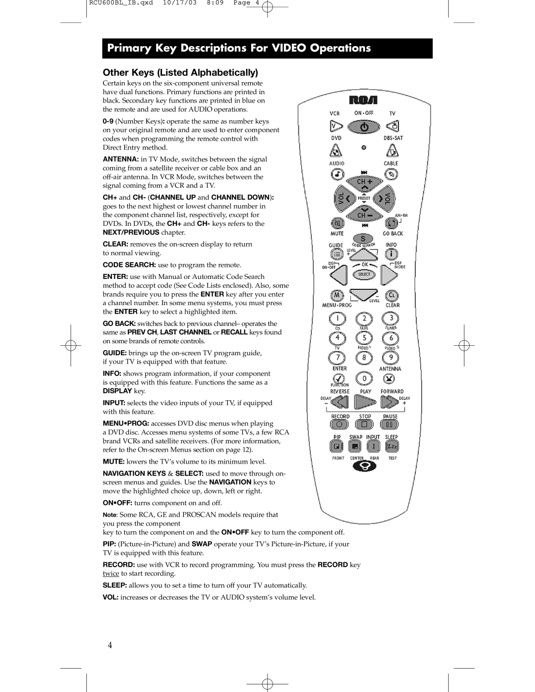 RCA RCU600BL manual Primary Key Descriptions For Video Operations, Other Keys Listed Alphabetically 