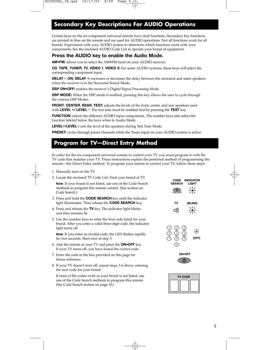 RCA RCU600BL manual Secondary Key Descriptions For Audio Operations, Program for TV-Direct Entry Method 