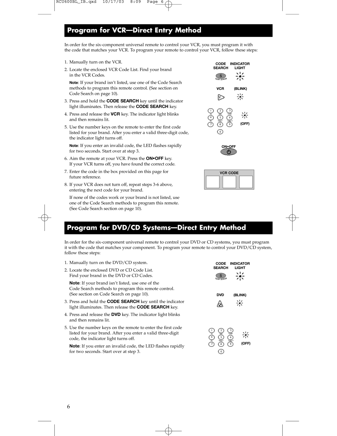 RCA RCU600BL manual Program for VCR-Direct Entry Method, Program for DVD/CD Systems-Direct Entry Method 