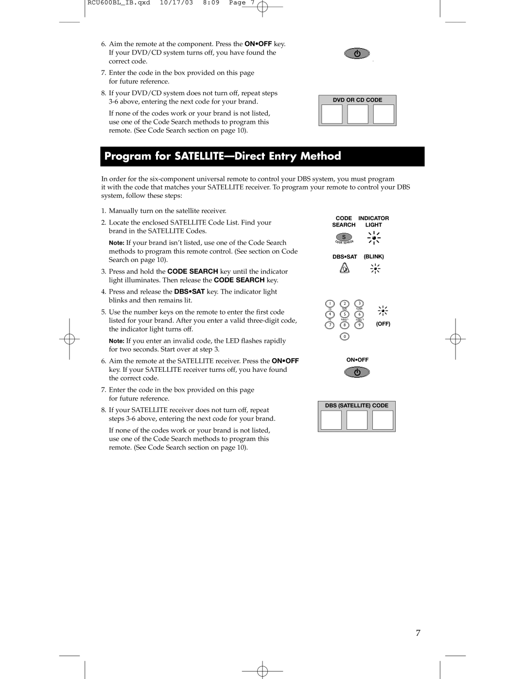 RCA RCU600BL manual Program for SATELLITE-Direct Entry Method 