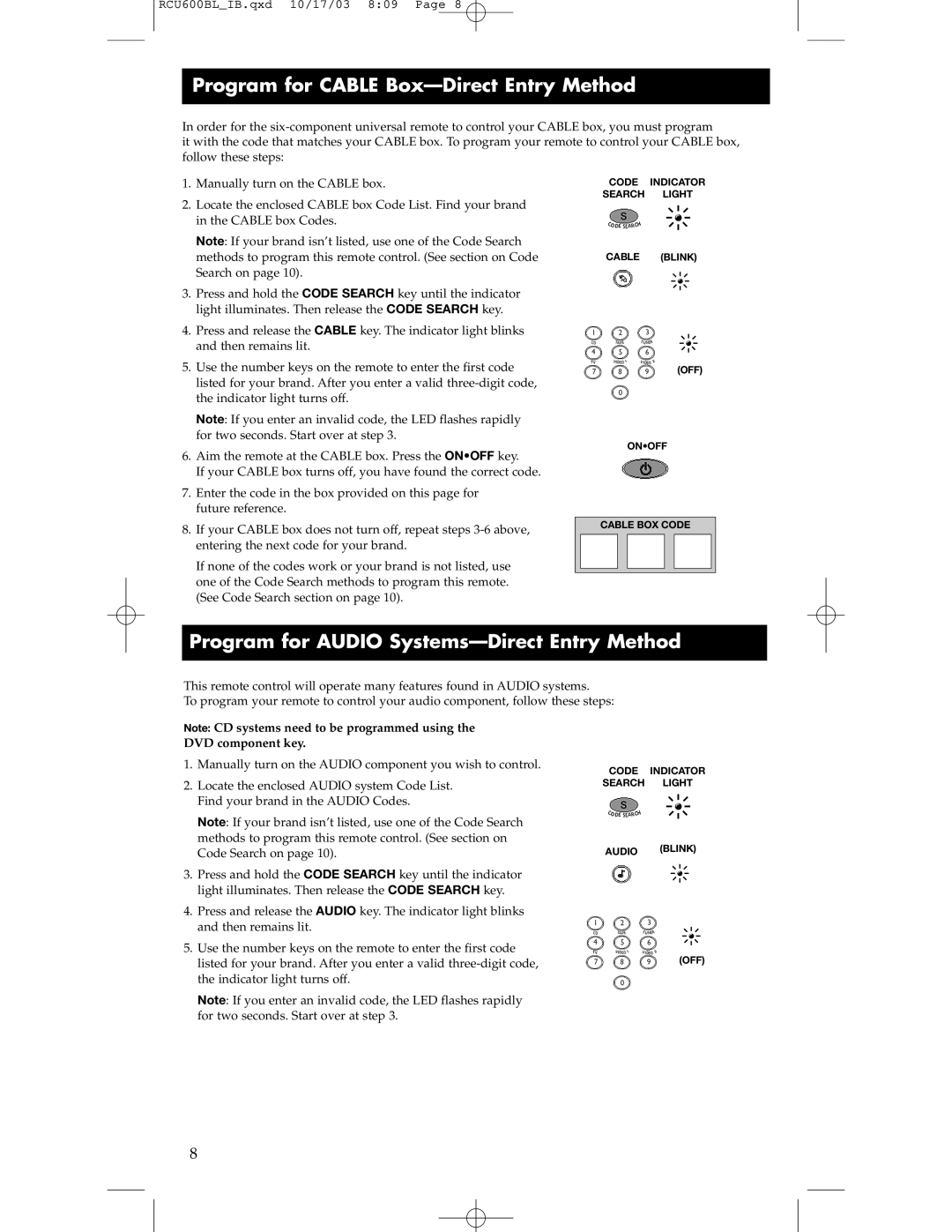 RCA RCU600BL manual Program for Cable Box-Direct Entry Method, Program for Audio Systems-Direct Entry Method 