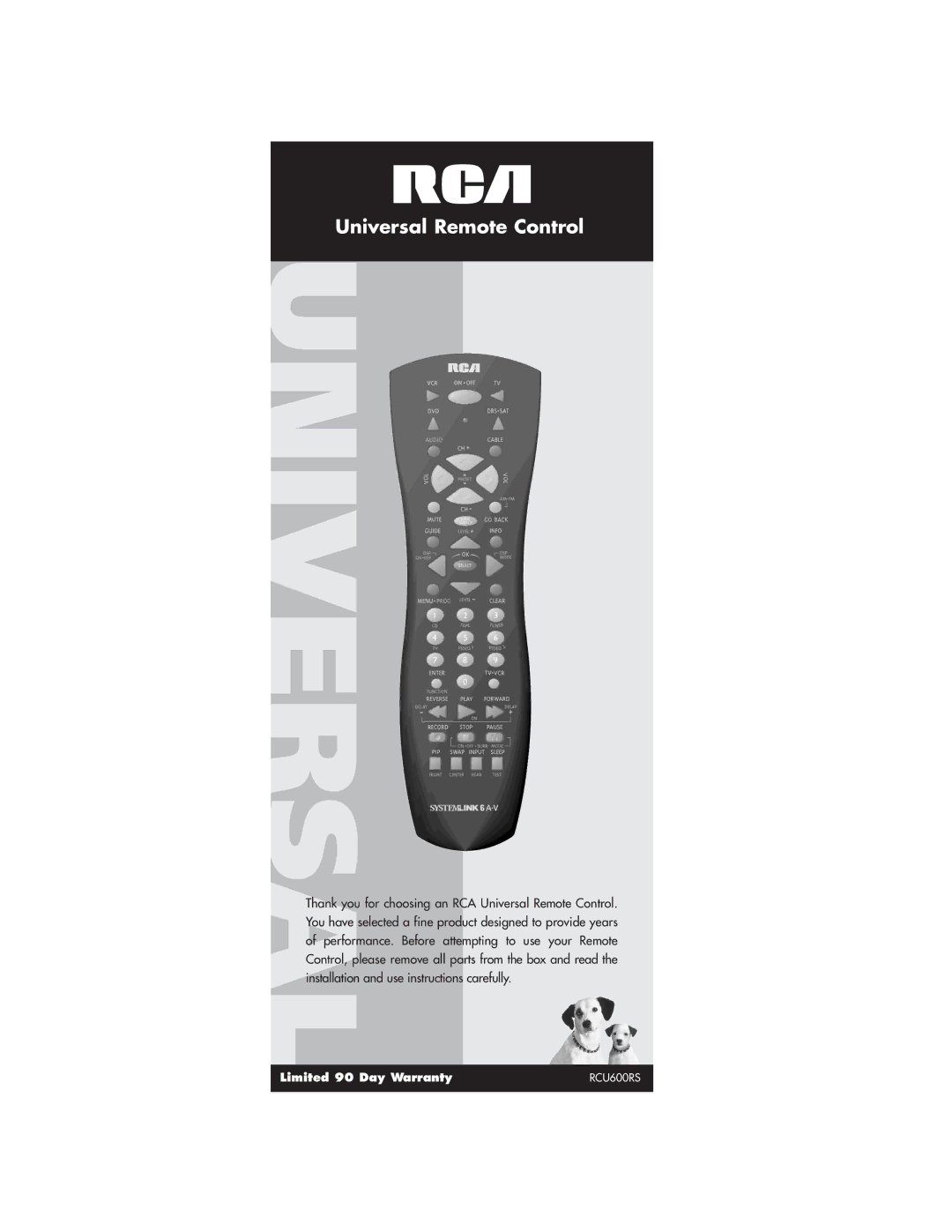 RCA RCU600RS warranty Universal Remote Control 