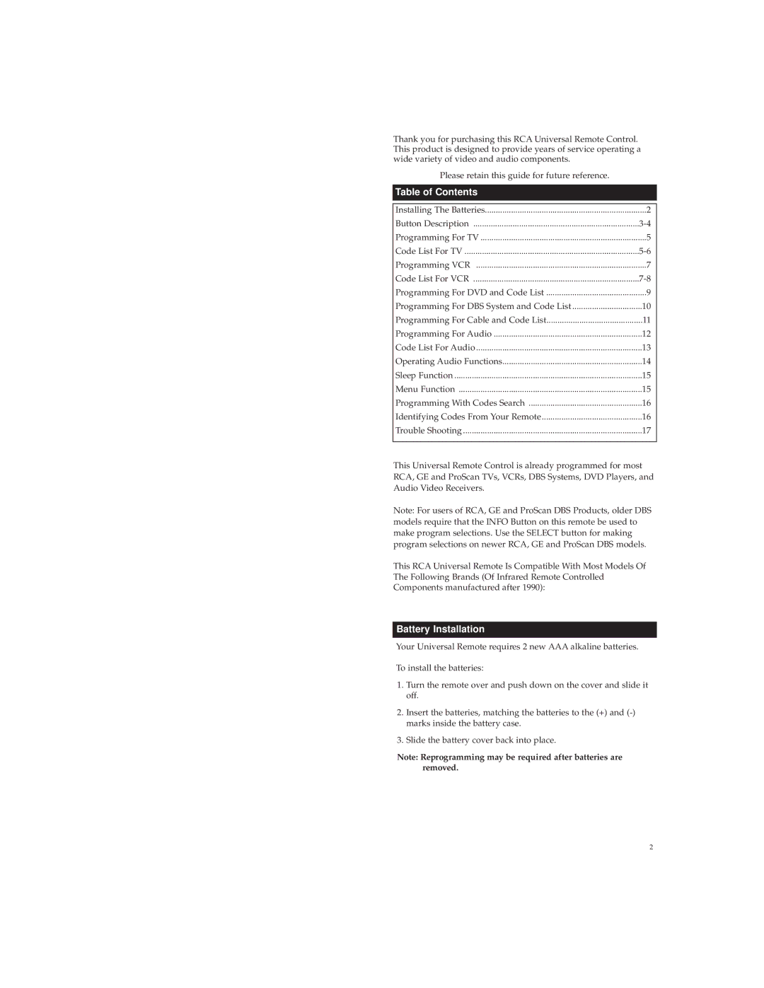 RCA RCU600RS warranty Table of Contents, Battery Installation 