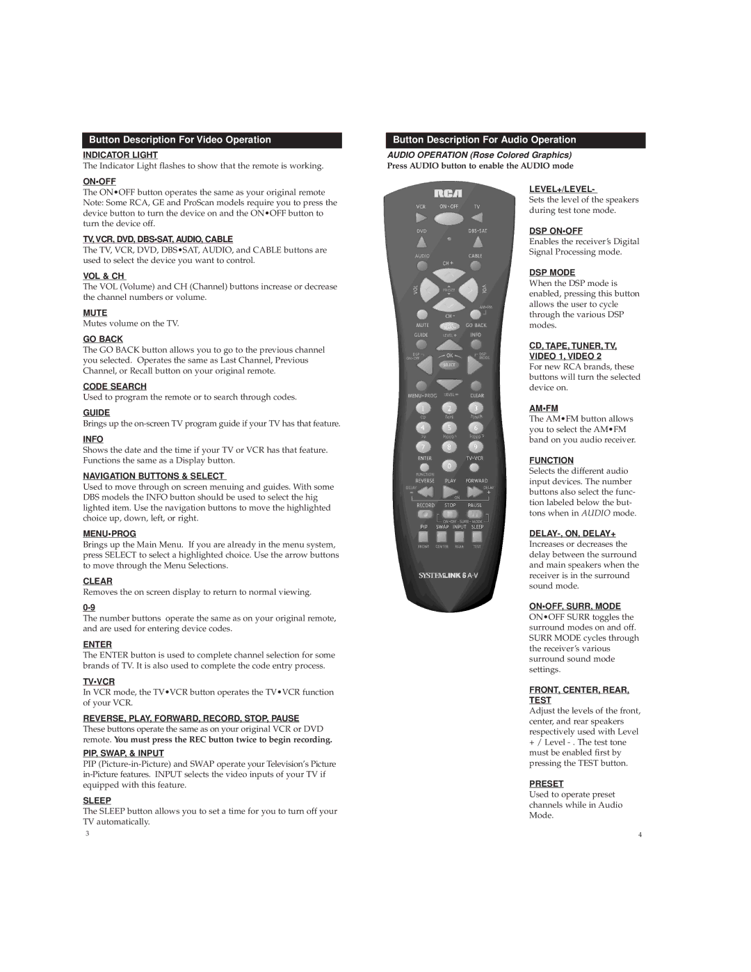 RCA RCU600RS warranty Button Description For Video Operation, Button Description For Audio Operation 