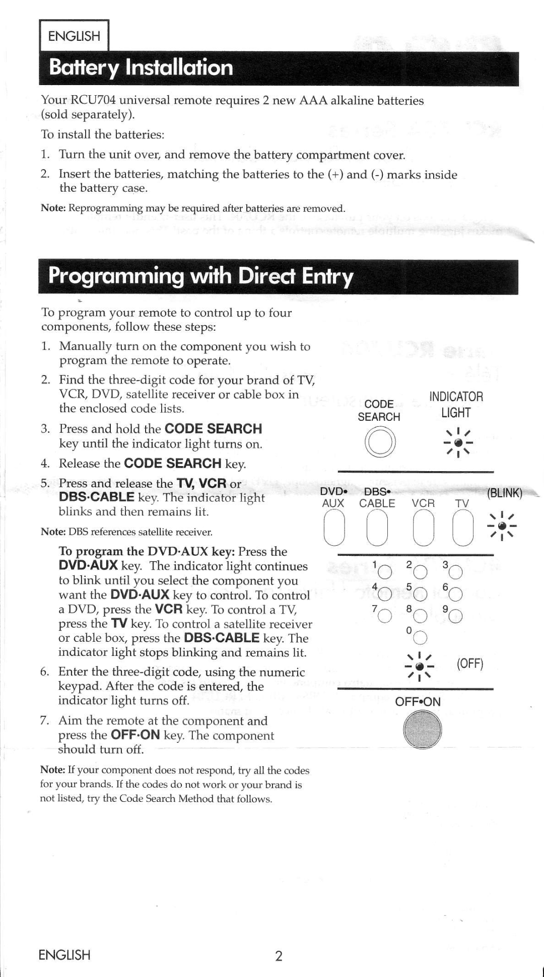 RCA RCU704 Series manual Tc to to, Light 