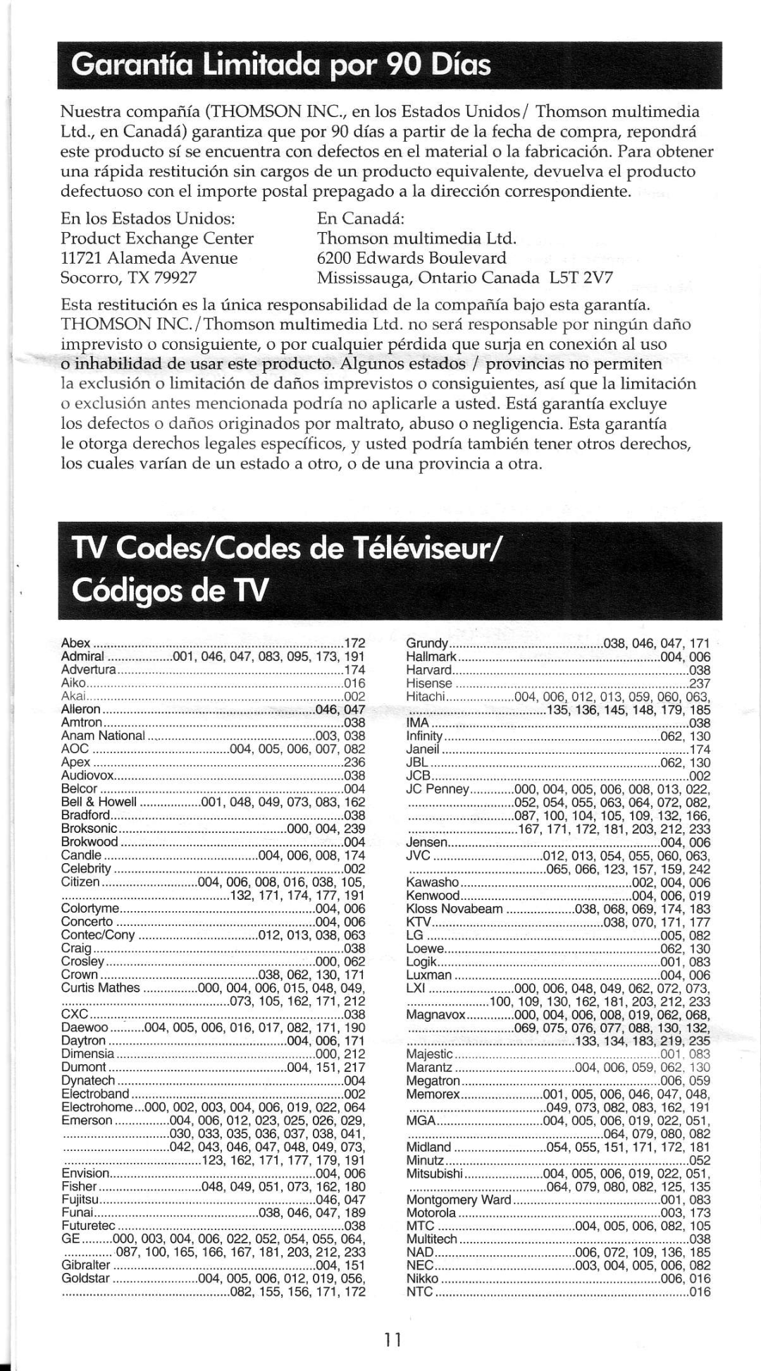 RCA RCU704 Series manual En los Estados Unidos En Canadii Product Exchange Center 