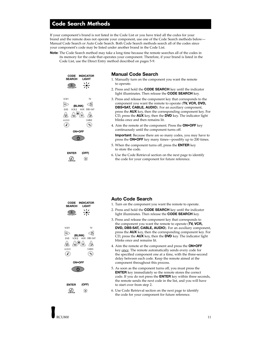 RCA RCU800B manual Code Search Methods, Manual Code Search, Auto Code Search 