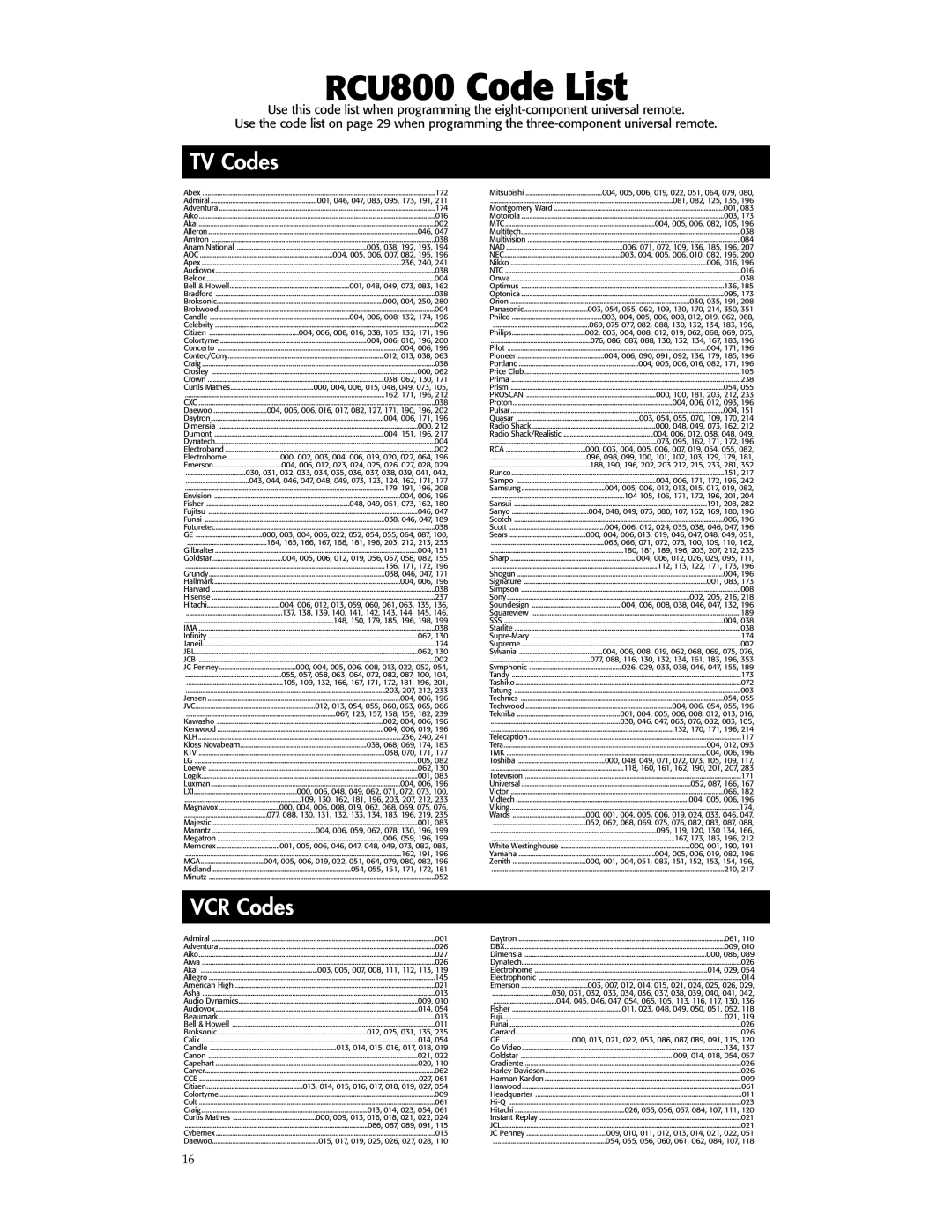 RCA RCU800B manual RCU800 Code List 