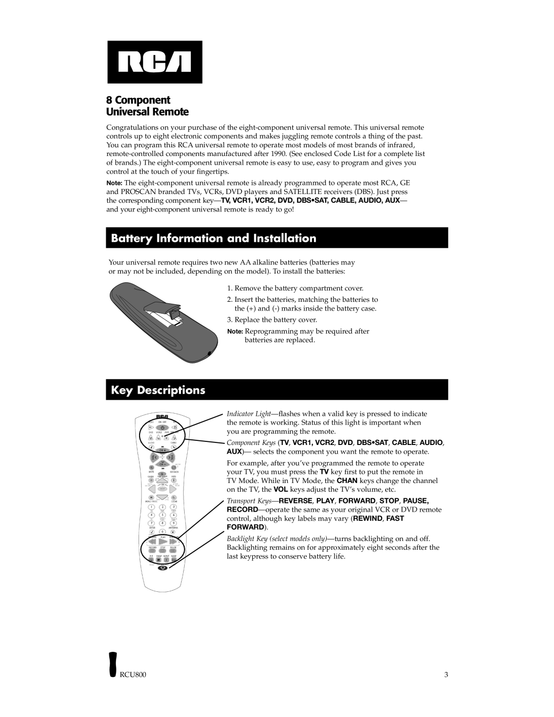 RCA RCU800B manual Battery Information and Installation, Key Descriptions 