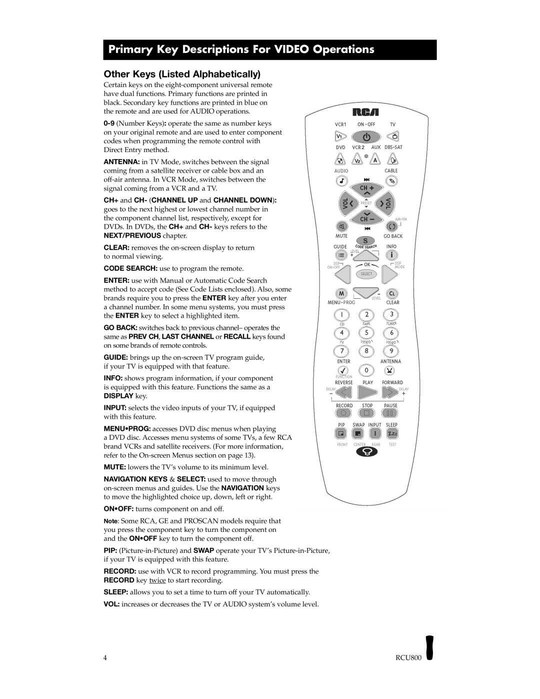 RCA RCU800B manual Primary Key Descriptions For Video Operations, Other Keys Listed Alphabetically 