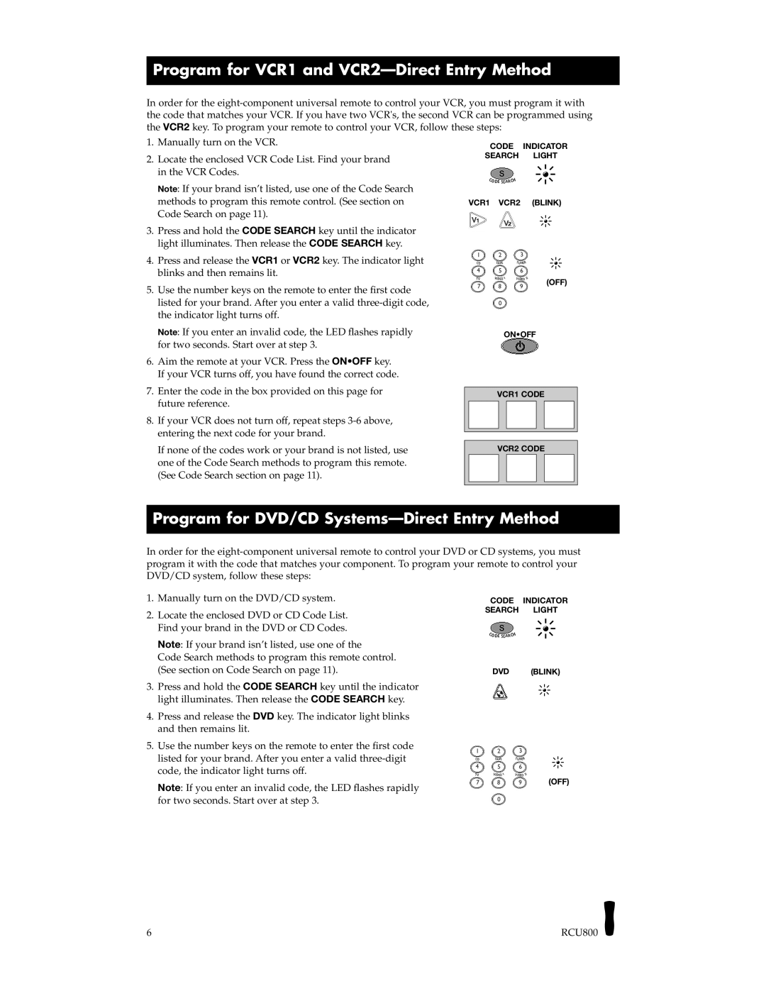 RCA RCU800B manual Program for VCR1 and VCR2-Direct Entry Method, Program for DVD/CD Systems-Direct Entry Method 