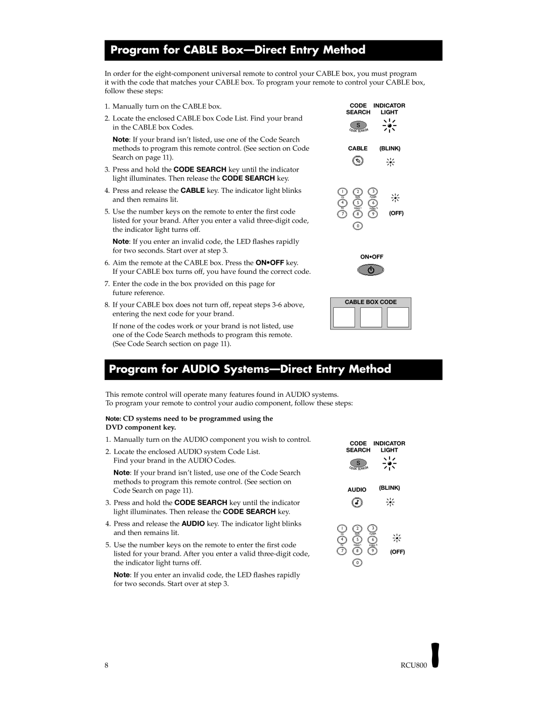 RCA RCU800B manual Program for Cable Box-Direct Entry Method, Program for Audio Systems-Direct Entry Method 