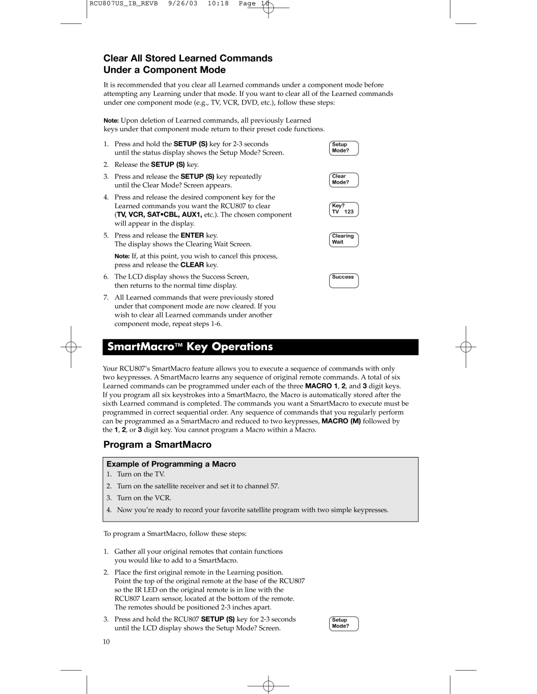 RCA RCU807 manual SmartMacro Key Operations, Clear All Stored Learned Commands Under a Component Mode, Program a SmartMacro 