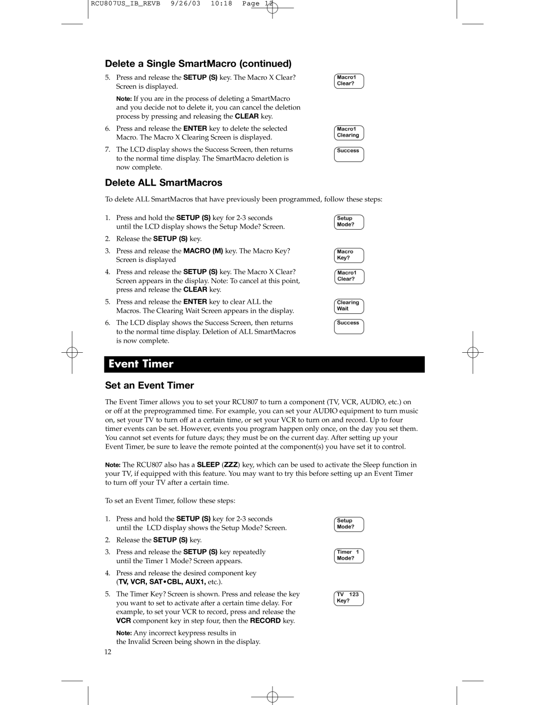 RCA RCU807 manual Delete ALL SmartMacros, Set an Event Timer 