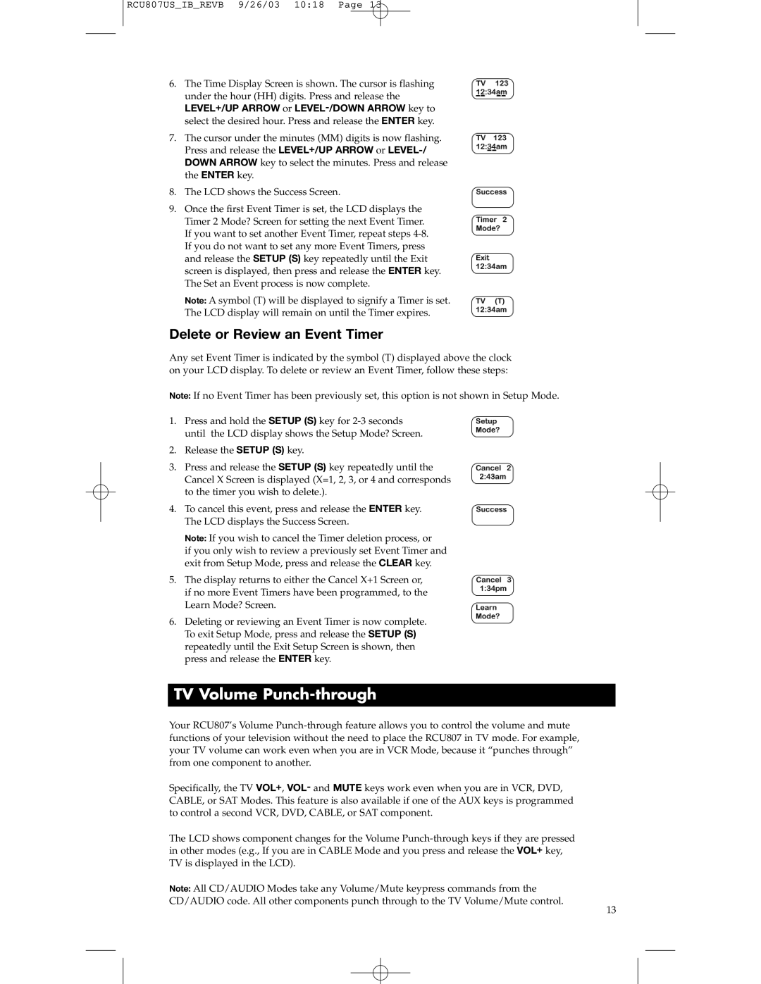 RCA RCU807 manual TV Volume Punch-through, Delete or Review an Event Timer 