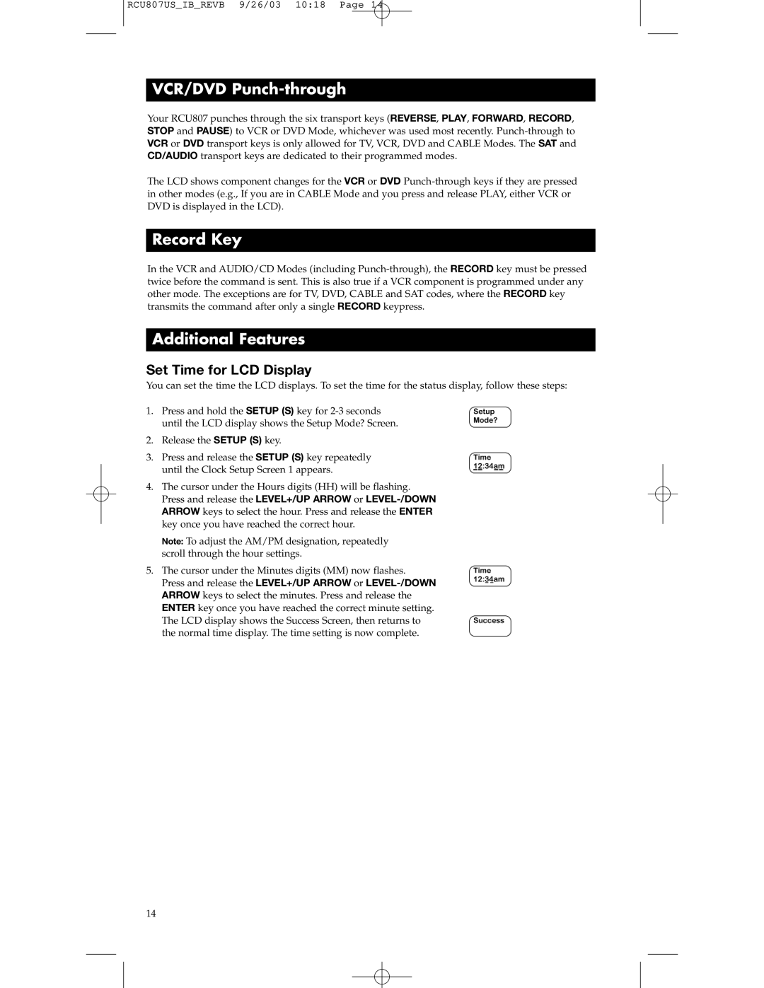 RCA RCU807 manual VCR/DVD Punch-through, Record Key, Additional Features, Set Time for LCD Display 