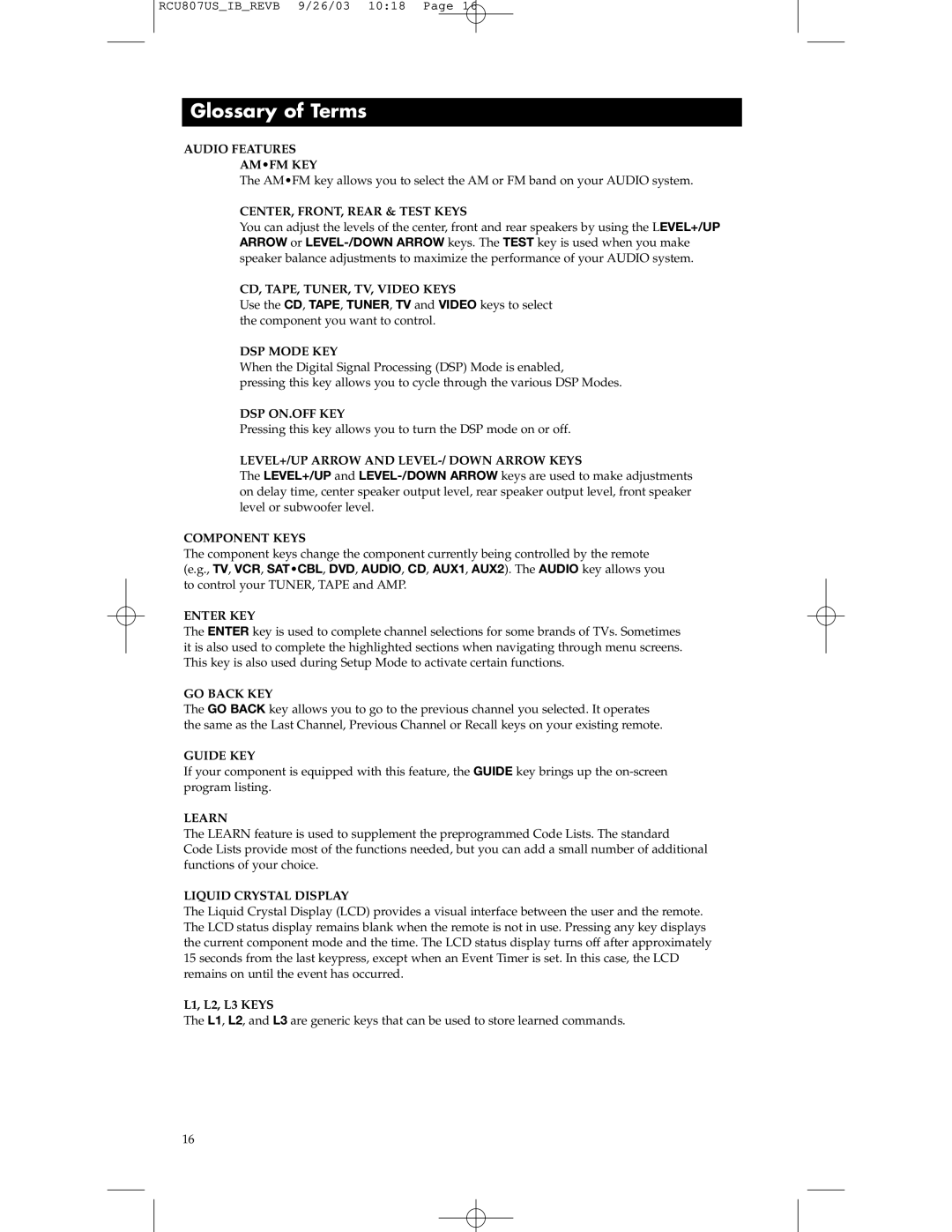 RCA RCU807 manual Glossary of Terms, CENTER, FRONT, Rear & Test Keys 