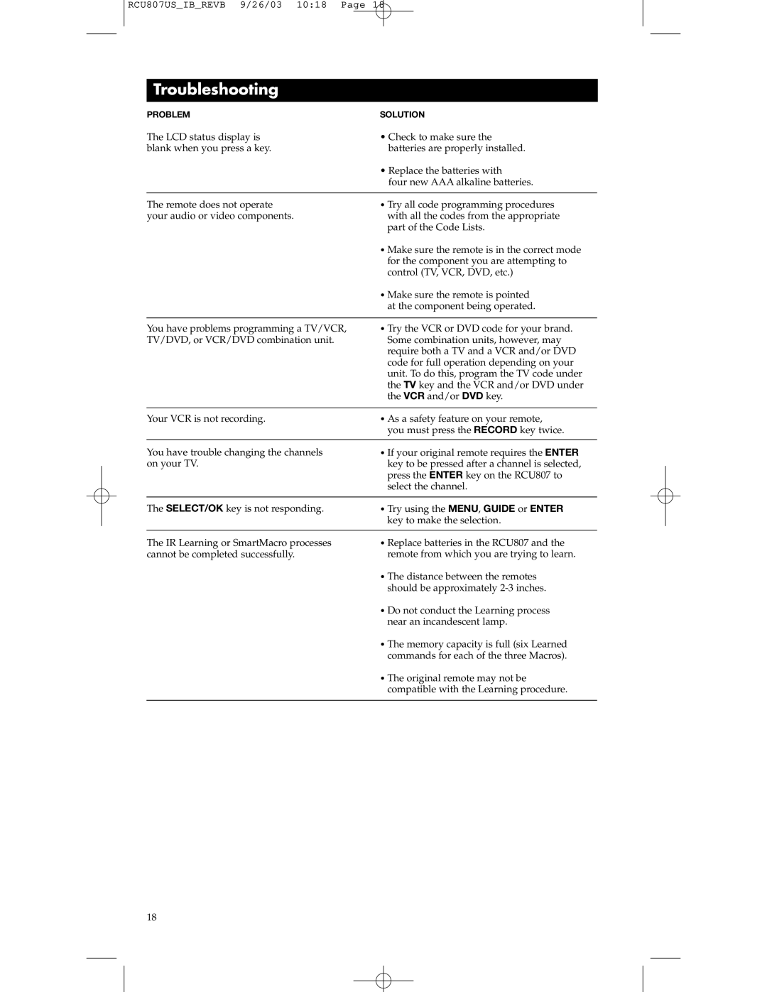 RCA RCU807 manual Troubleshooting 