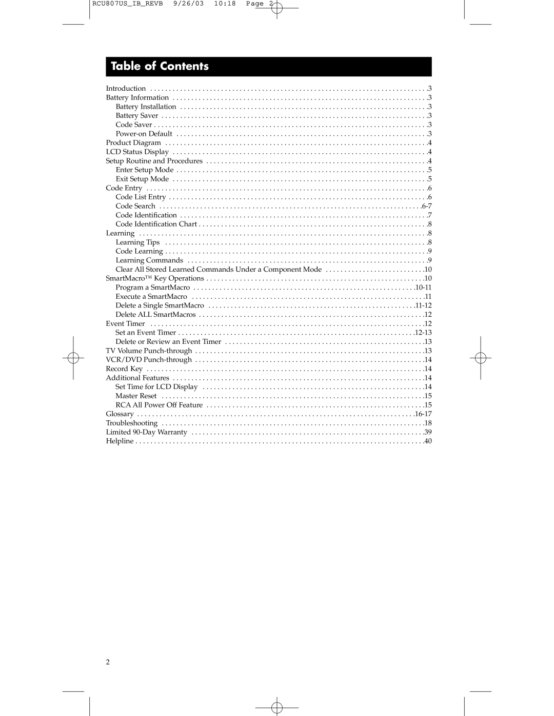 RCA RCU807 manual Table of Contents 