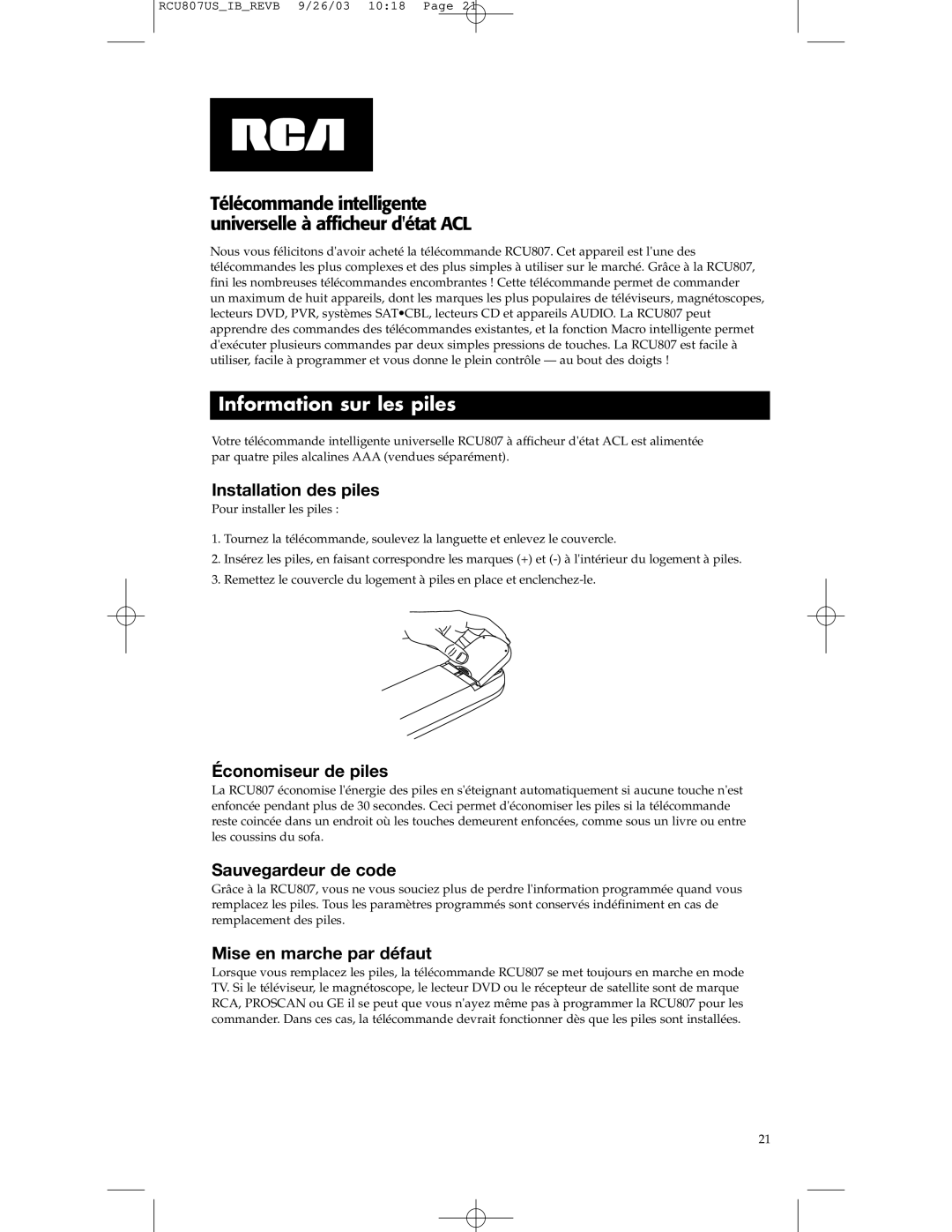 RCA RCU807 manual Information sur les piles, Installation des piles, Économiseur de piles, Sauvegardeur de code 