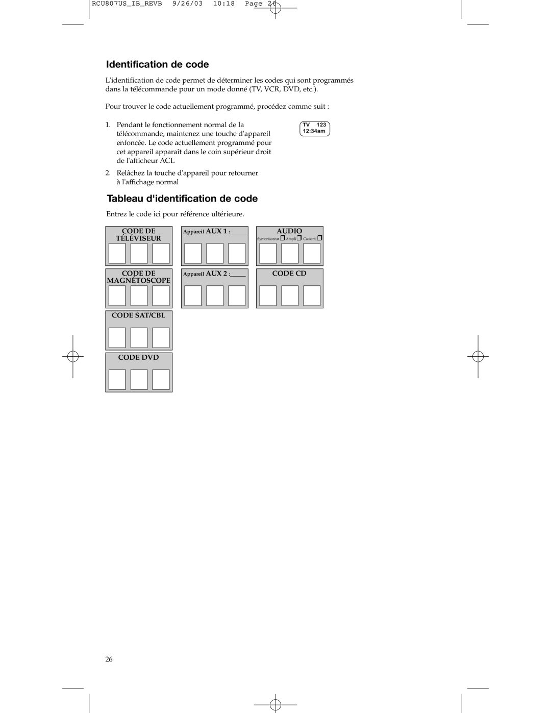 RCA RCU807 manual Identification de code, Tableau didentification de code 