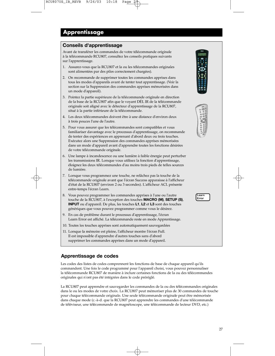 RCA RCU807 manual Conseils dapprentissage, Apprentissage de codes 