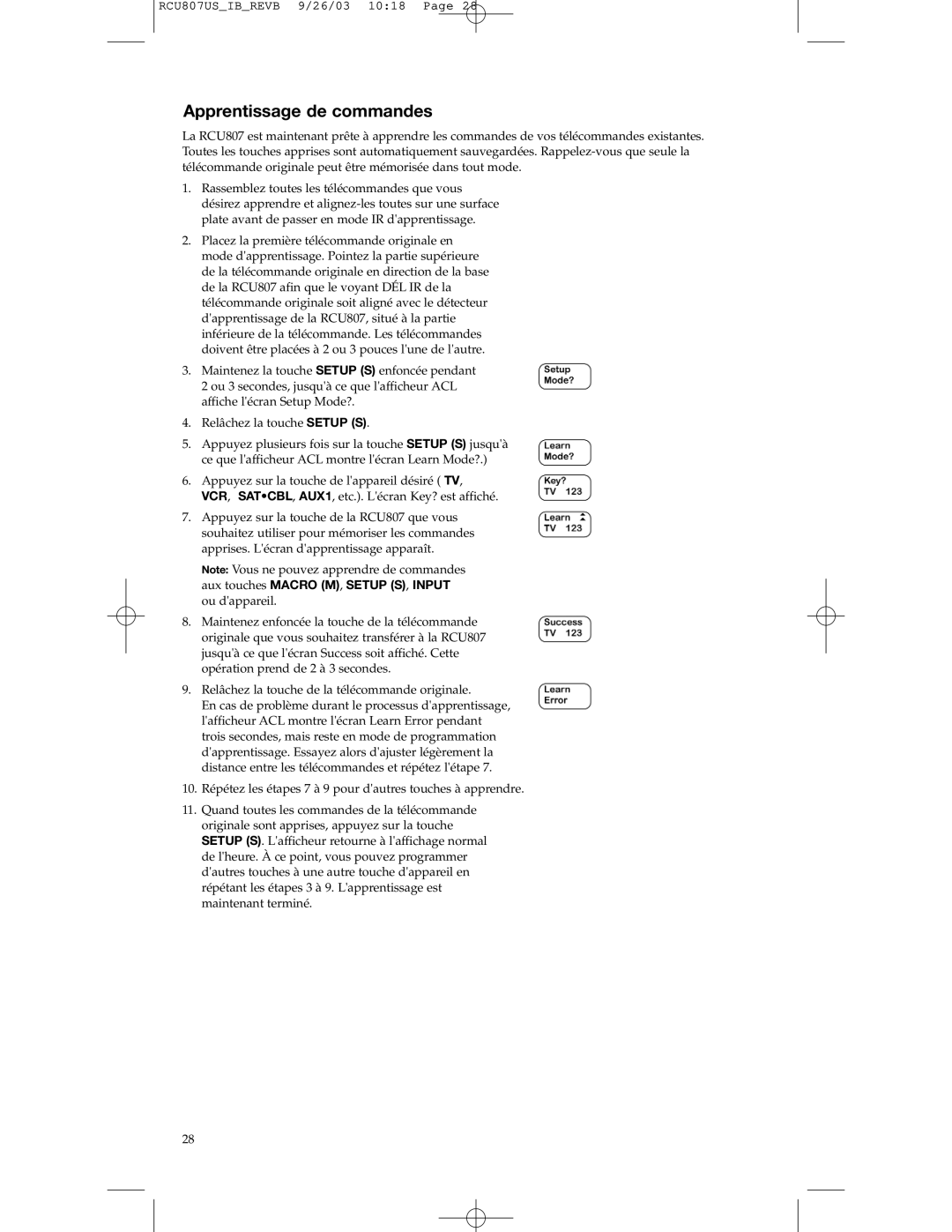 RCA RCU807 manual Apprentissage de commandes 