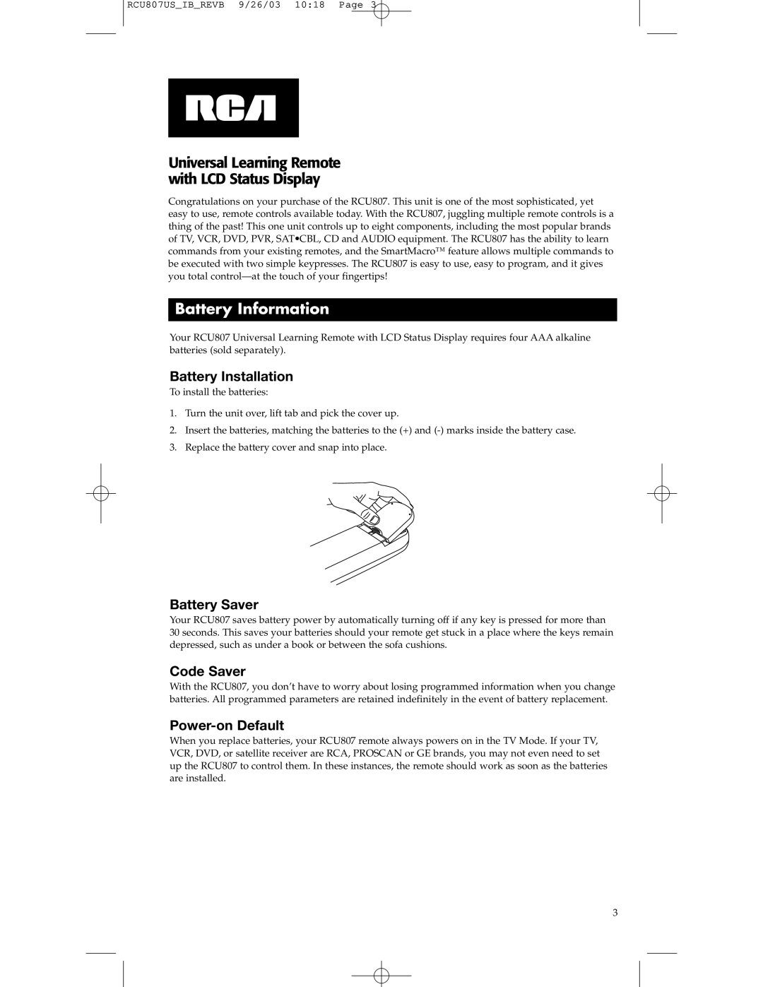 RCA RCU807 manual Battery Information, Battery Installation, Battery Saver, Code Saver, Power-on Default 