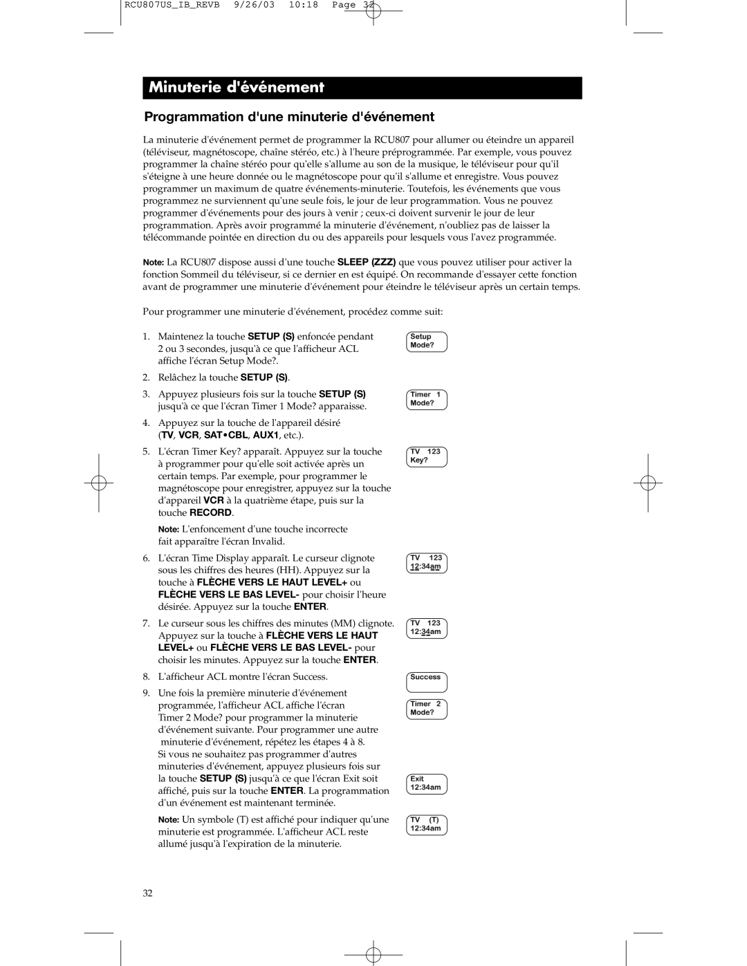 RCA RCU807 manual Minuterie dévénement, Programmation dune minuterie dévénement 