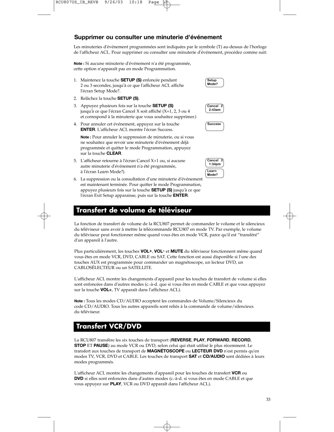 RCA RCU807 manual Transfert de volume de téléviseur, Transfert VCR/DVD, Supprimer ou consulter une minuterie dévénement 