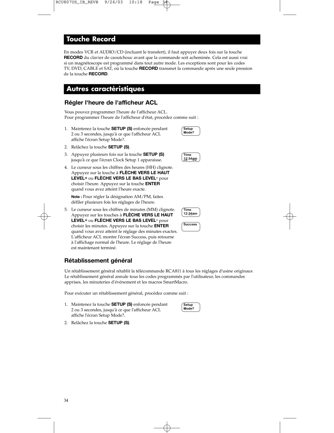 RCA RCU807 manual Touche Record, Autres caractéristiques, Régler lheure de lafficheur ACL, Rétablissement général 