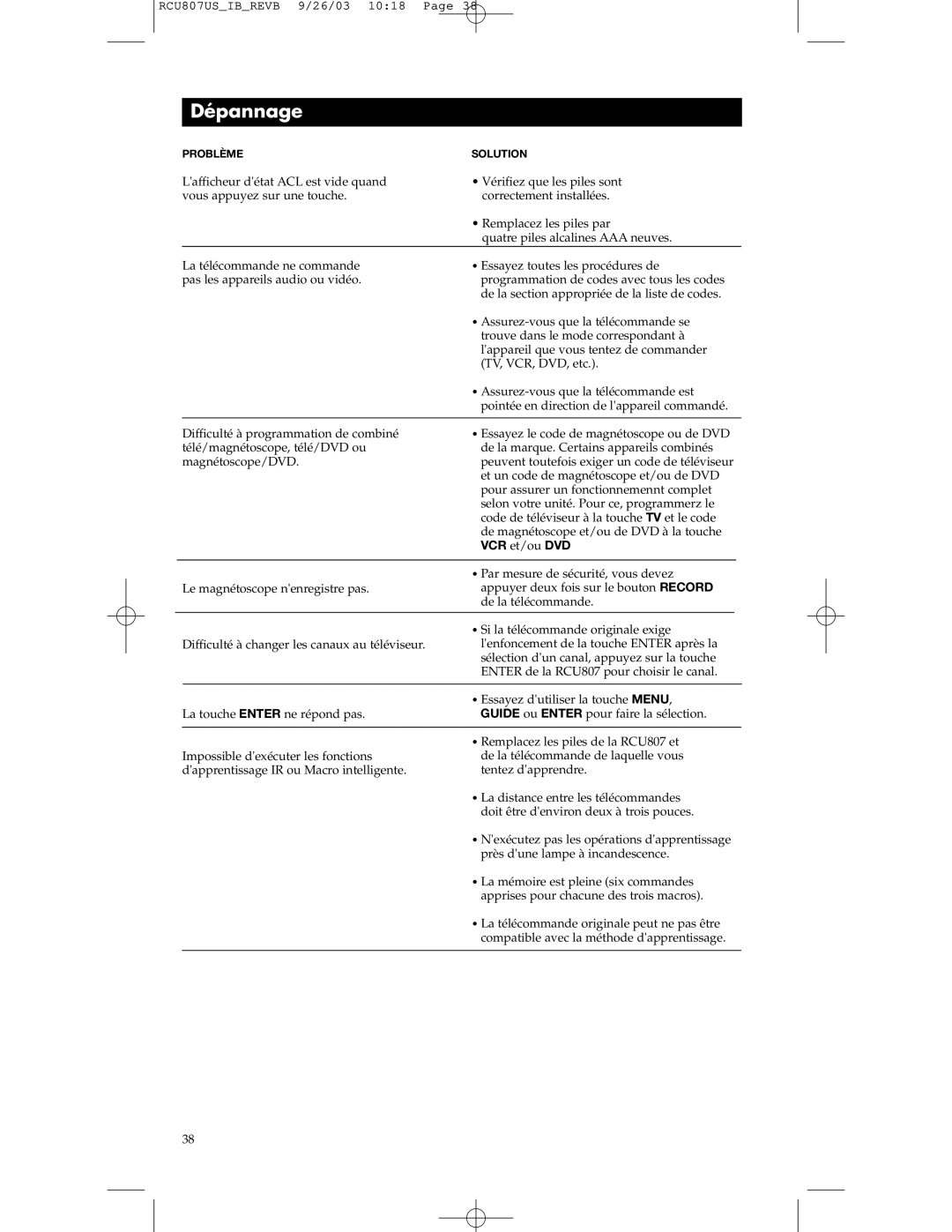 RCA RCU807 manual Dépannage, VCR et/ou DVD 