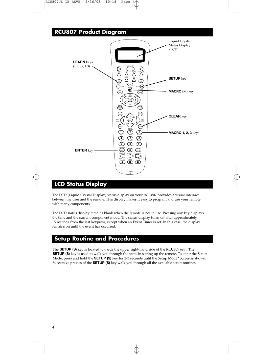 RCA manual RCU807 Product Diagram, LCD Status Display, Setup Routine and Procedures 