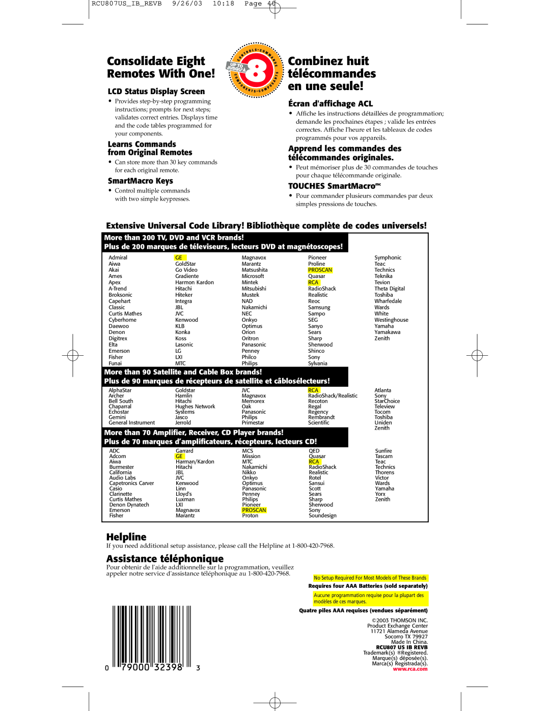 RCA RCU807 manual Helpline, Assistance téléphonique 