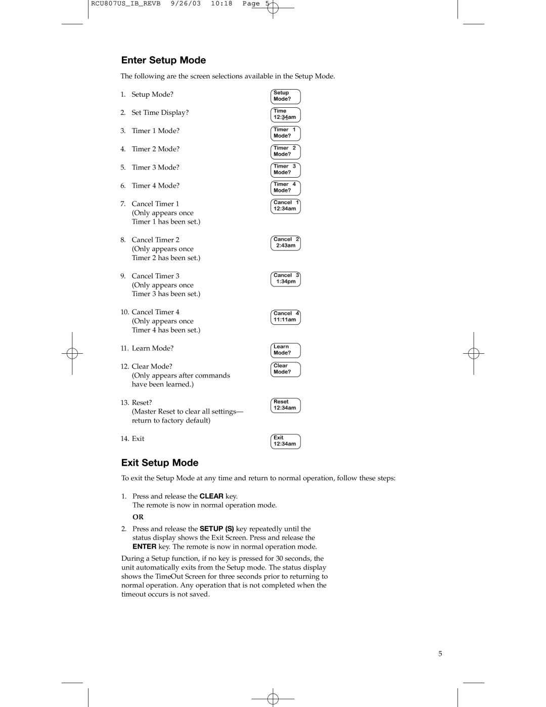 RCA RCU807 manual Enter Setup Mode, Exit Setup Mode 