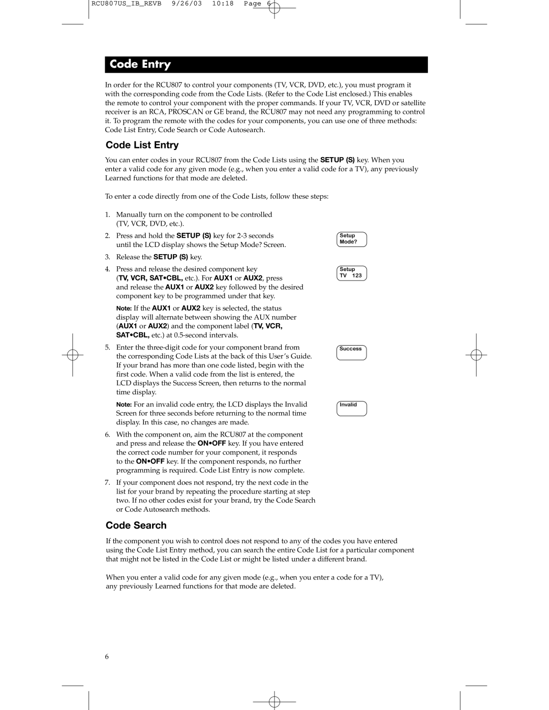 RCA RCU807 manual Code Entry, Code List Entry, Code Search 