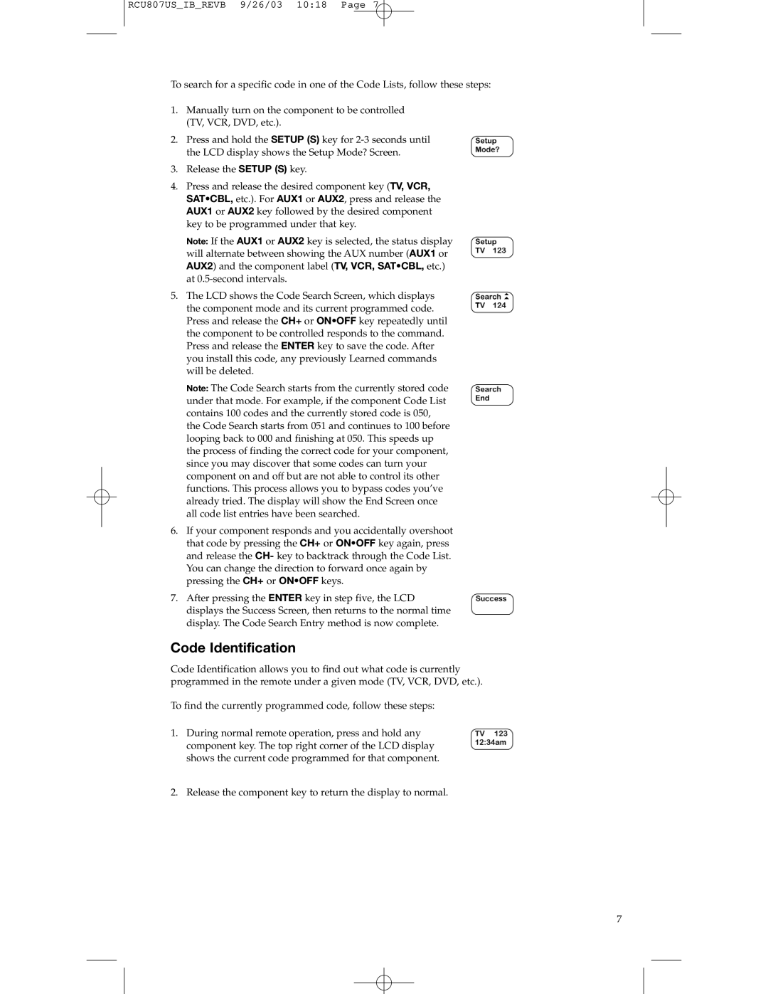 RCA RCU807 manual Code Identification 