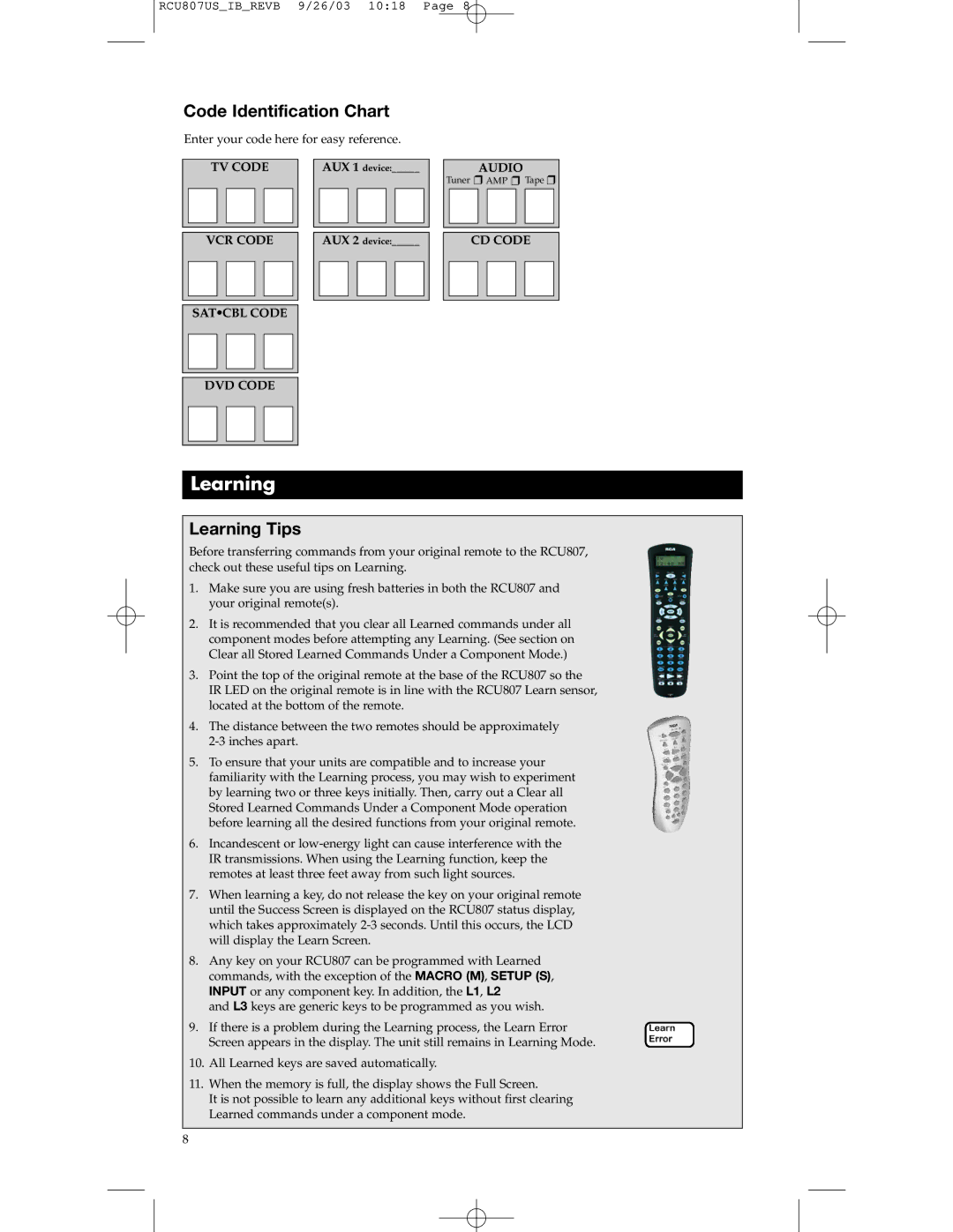 RCA RCU807 manual Code Identification Chart, Learning Tips 