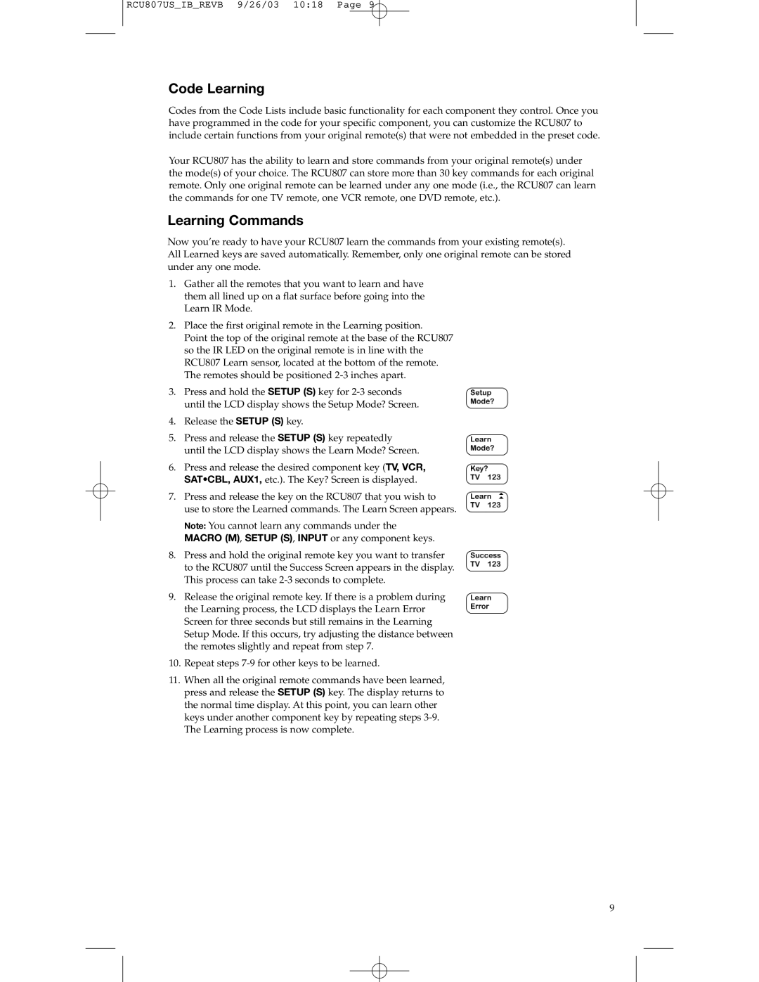 RCA RCU807 manual Code Learning, Learning Commands 