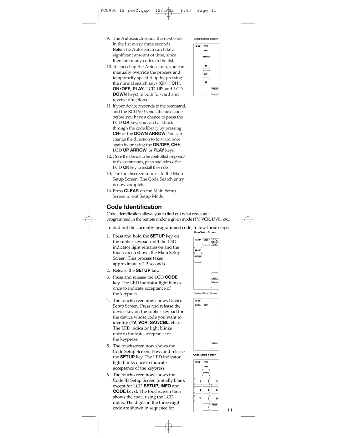 RCA RCU900 warranty Code Identification 