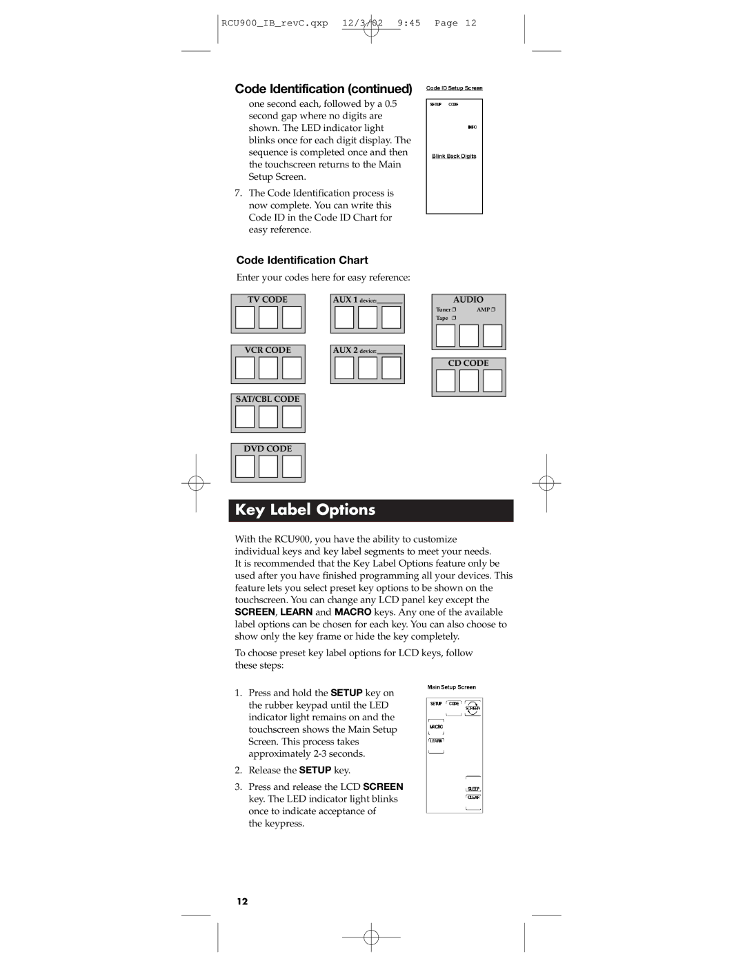 RCA RCU900 warranty Key Label Options, Code Identification 