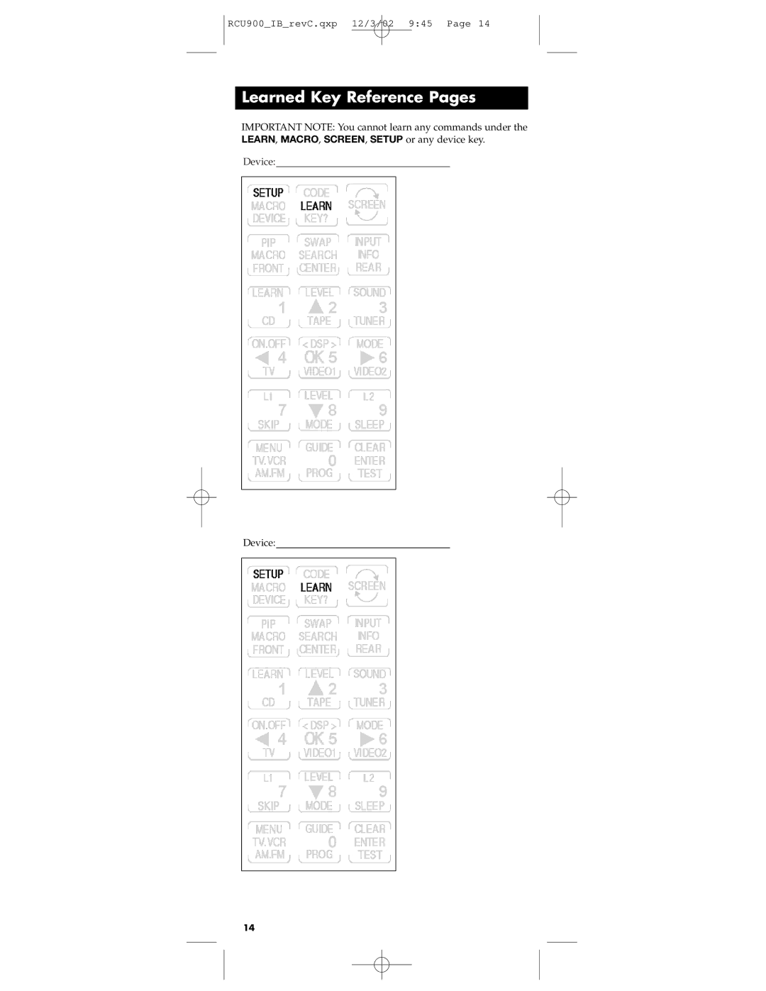 RCA RCU900 warranty Learned Key Reference Pages 