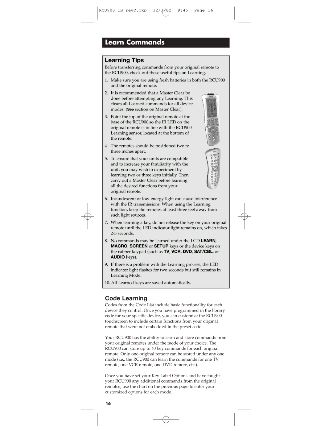 RCA RCU900 warranty Learn Commands, Learning Tips, Code Learning 