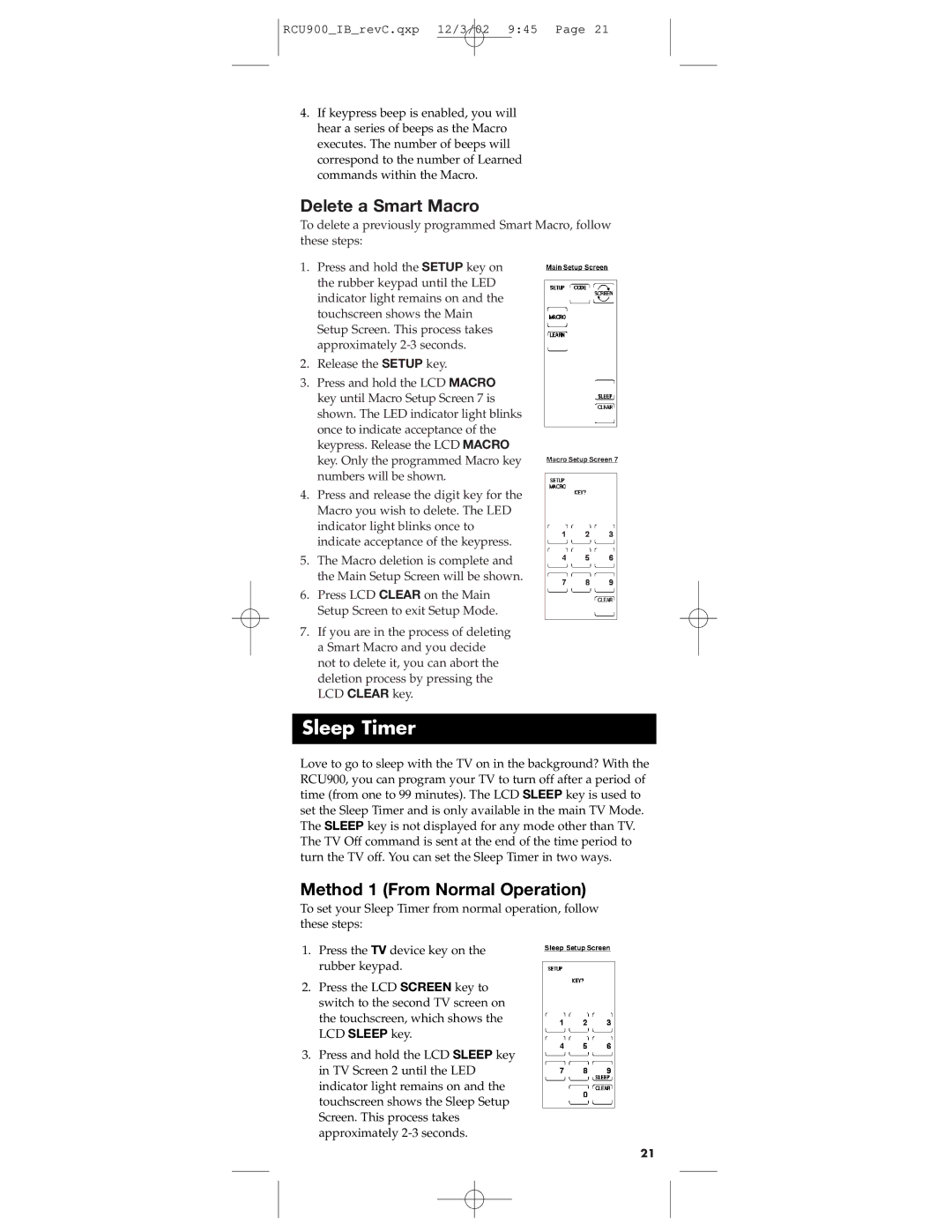 RCA RCU900 warranty Sleep Timer, Delete a Smart Macro, Method 1 From Normal Operation 